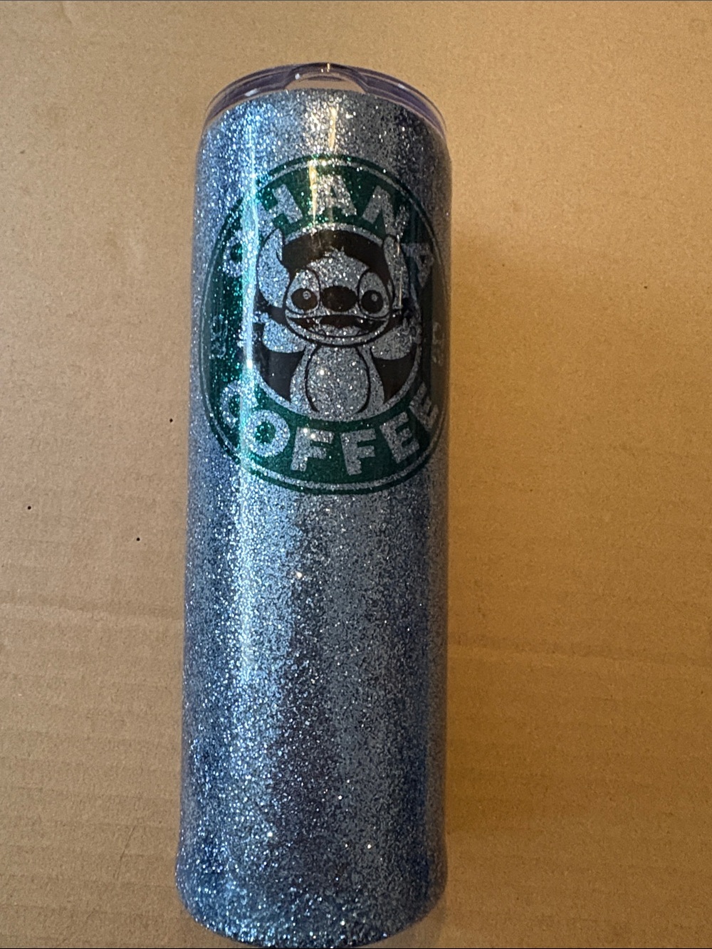 Disney Glitter Blue Tumbler with Green Logo